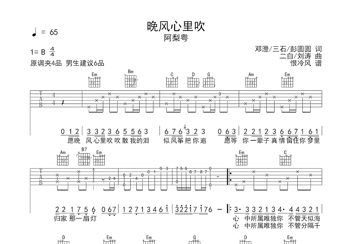 晚风心里吹吉他谱预览图