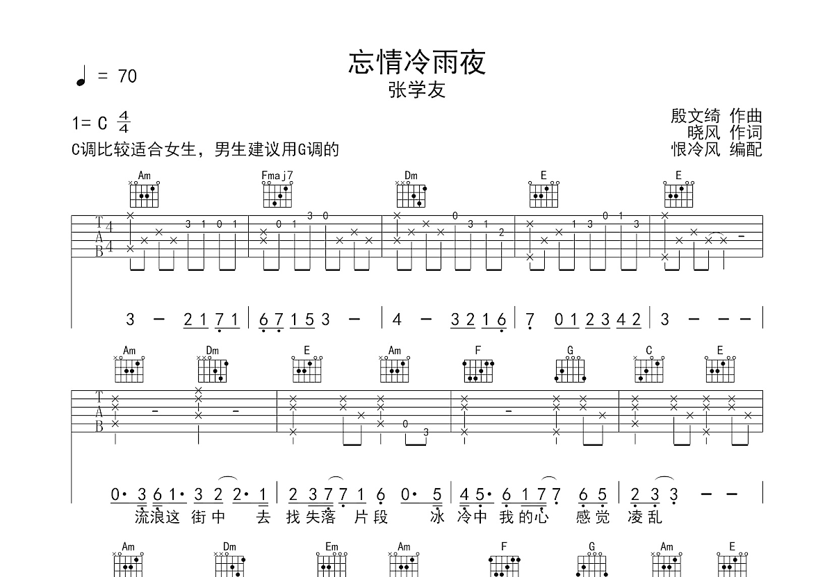 忘情冷雨夜吉他谱预览图