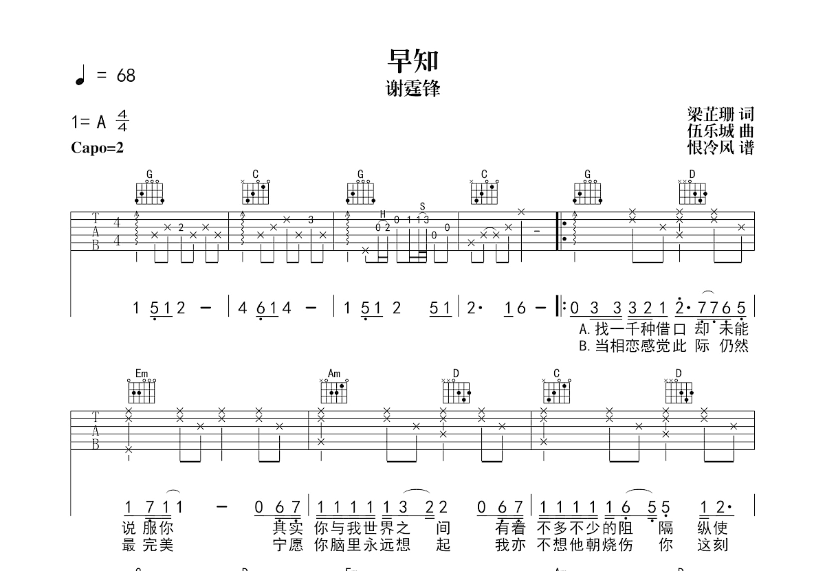 早知吉他谱预览图