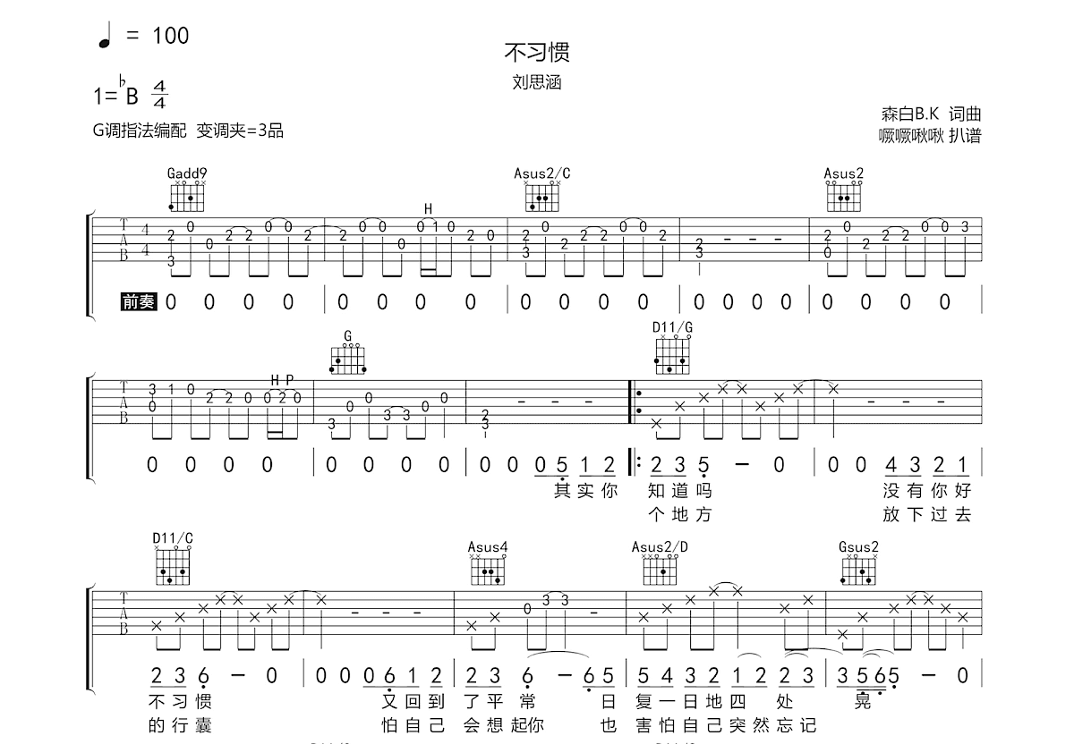 不习惯吉他谱预览图