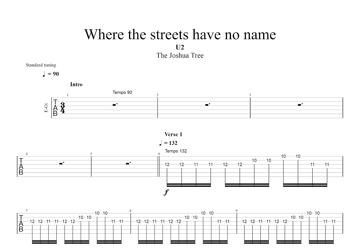 Where The Streets Have No Name吉他谱预览图