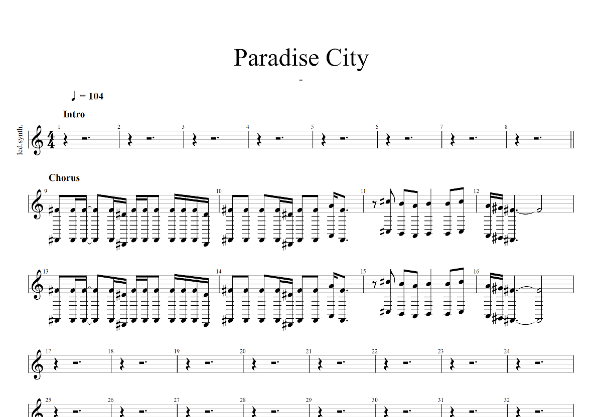 paradise city吉他谱预览图