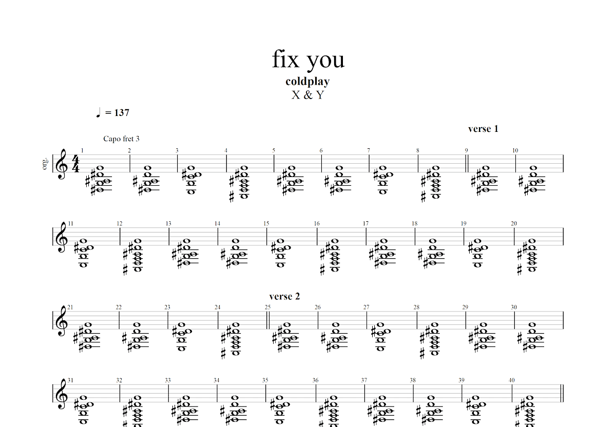 fix you吉他谱预览图