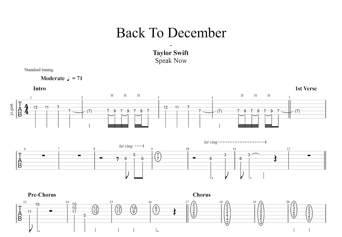 Back To December吉他谱预览图