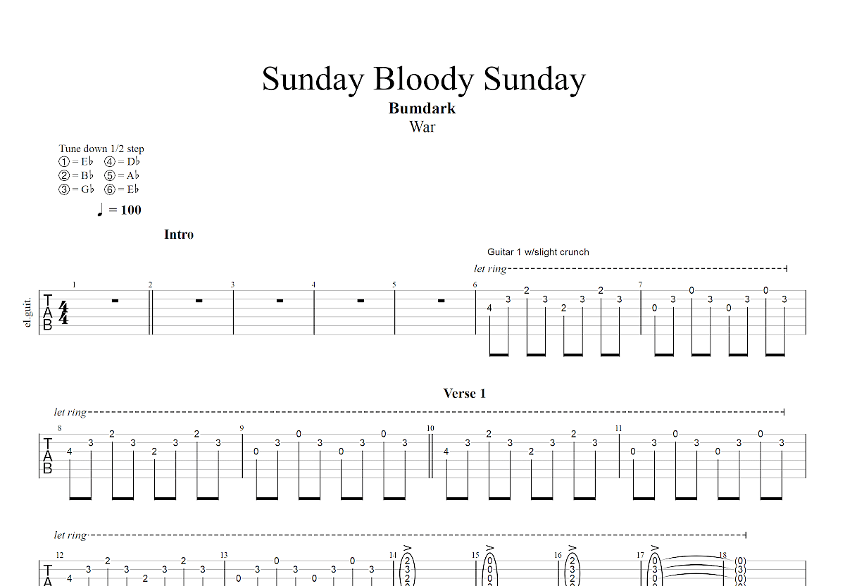 sunday bloody sunday吉他谱预览图