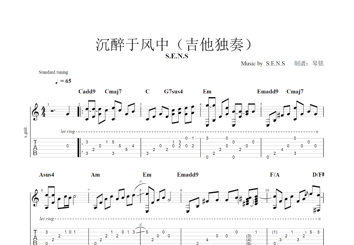 沉醉于风中吉他谱预览图