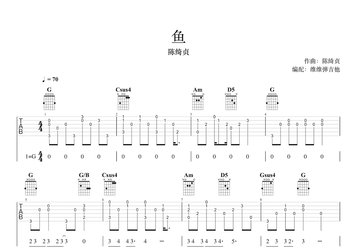 鱼吉他谱_陈绮贞_G调弹唱