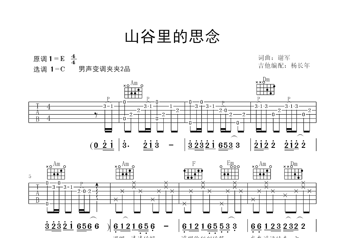 山谷里的思念吉他谱预览图