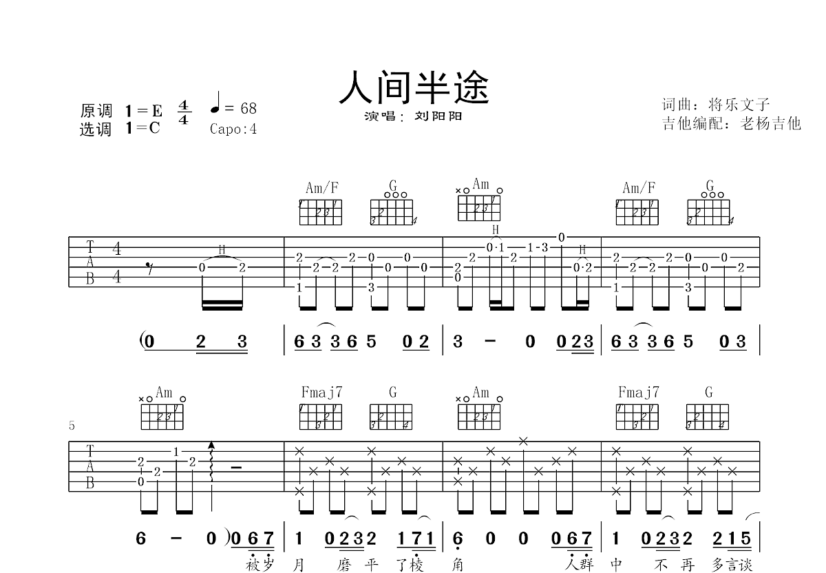 人间半途吉他谱预览图