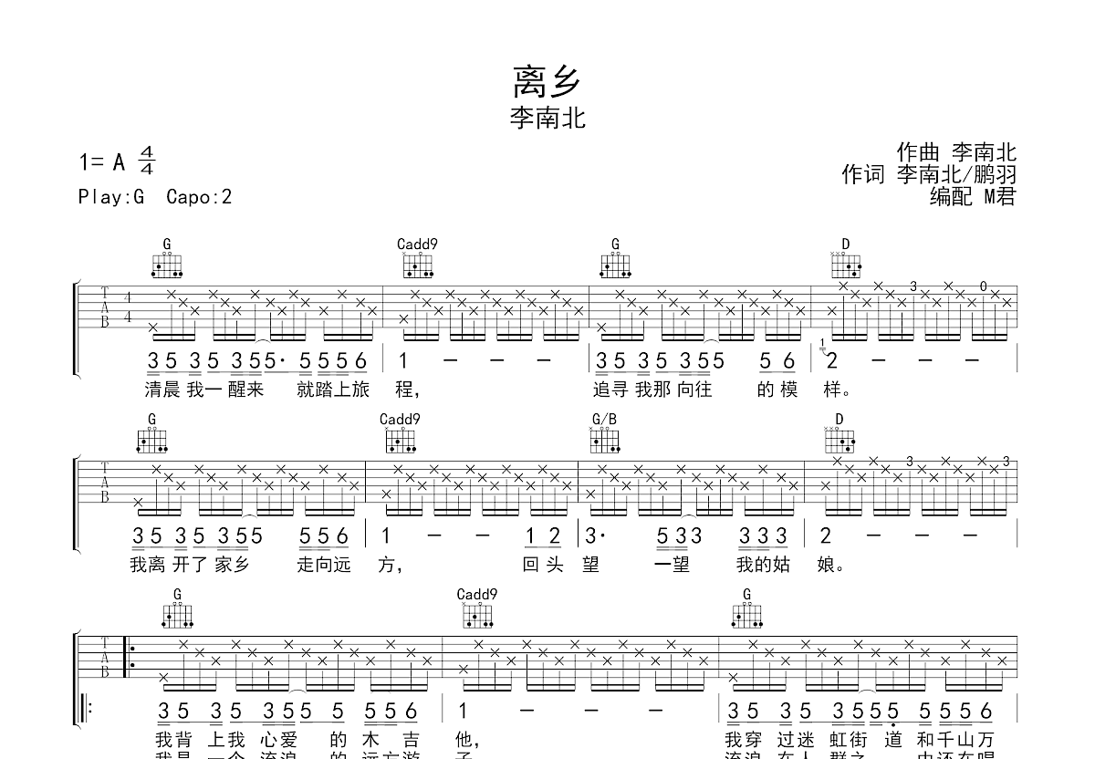 离乡吉他谱预览图