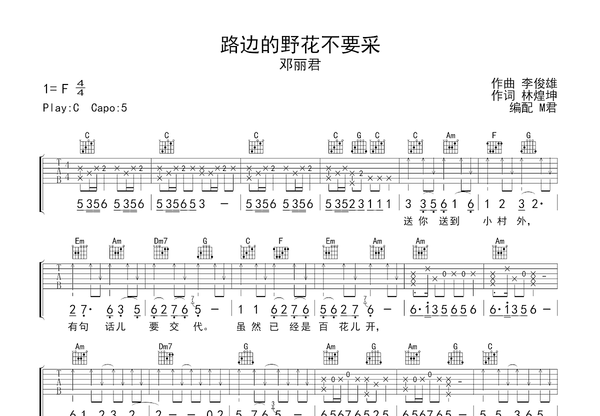 路边的野花不要采吉他谱预览图