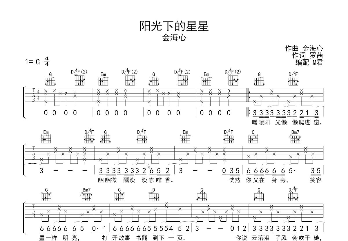 阳光下的星星吉他谱_金海心_G调弹唱