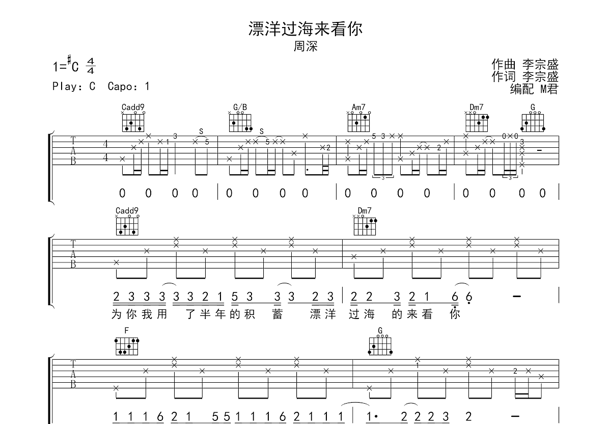 漂洋过海来看你吉他谱预览图