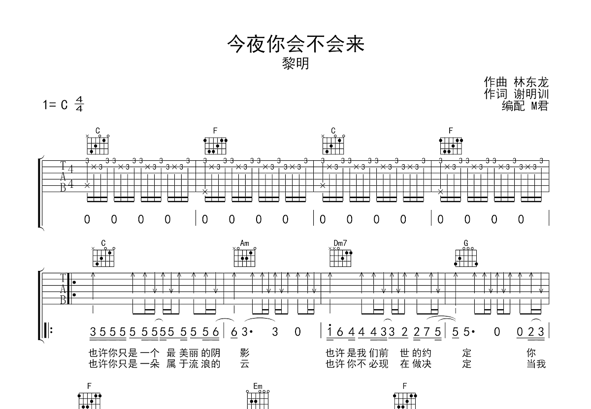 今夜你会不会来吉他谱预览图