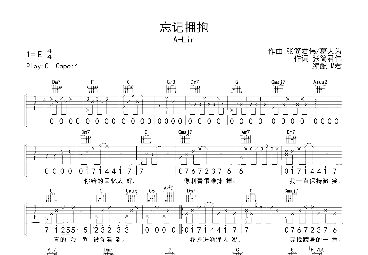 忘记拥抱吉他谱预览图