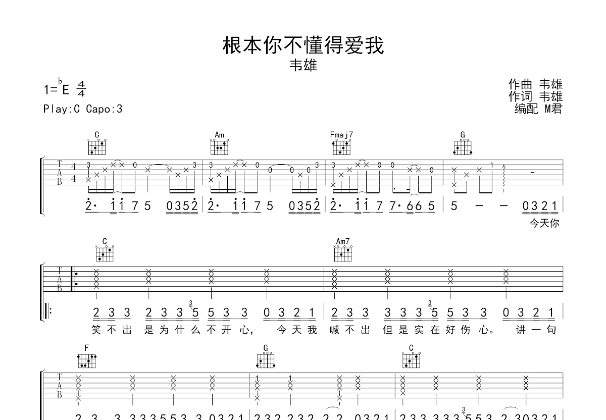 根本你不懂得爱我吉他谱预览图