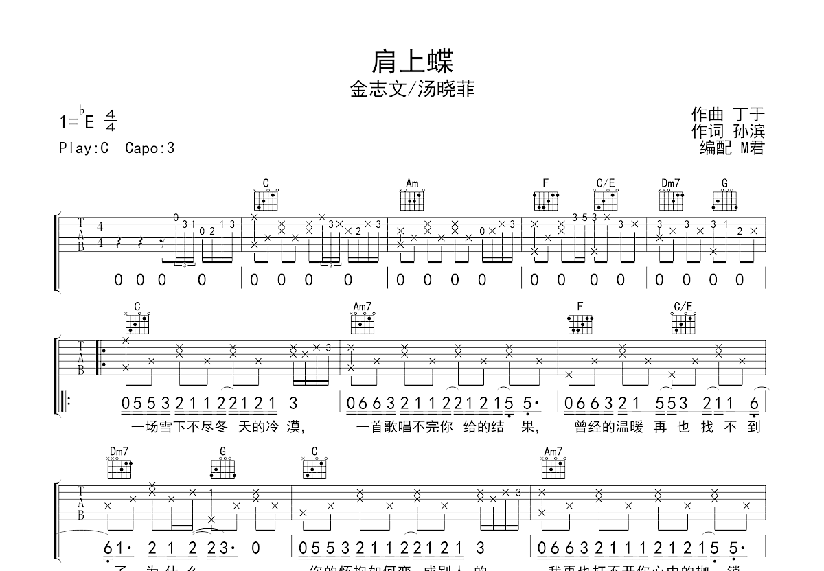 肩上蝶吉他谱_金志文,汤晓菲_C调弹唱