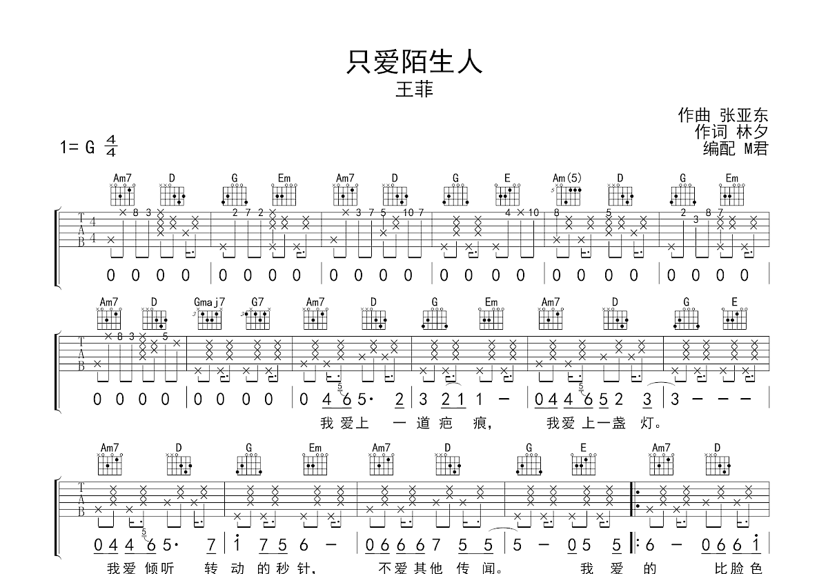 只爱陌生人吉他谱预览图