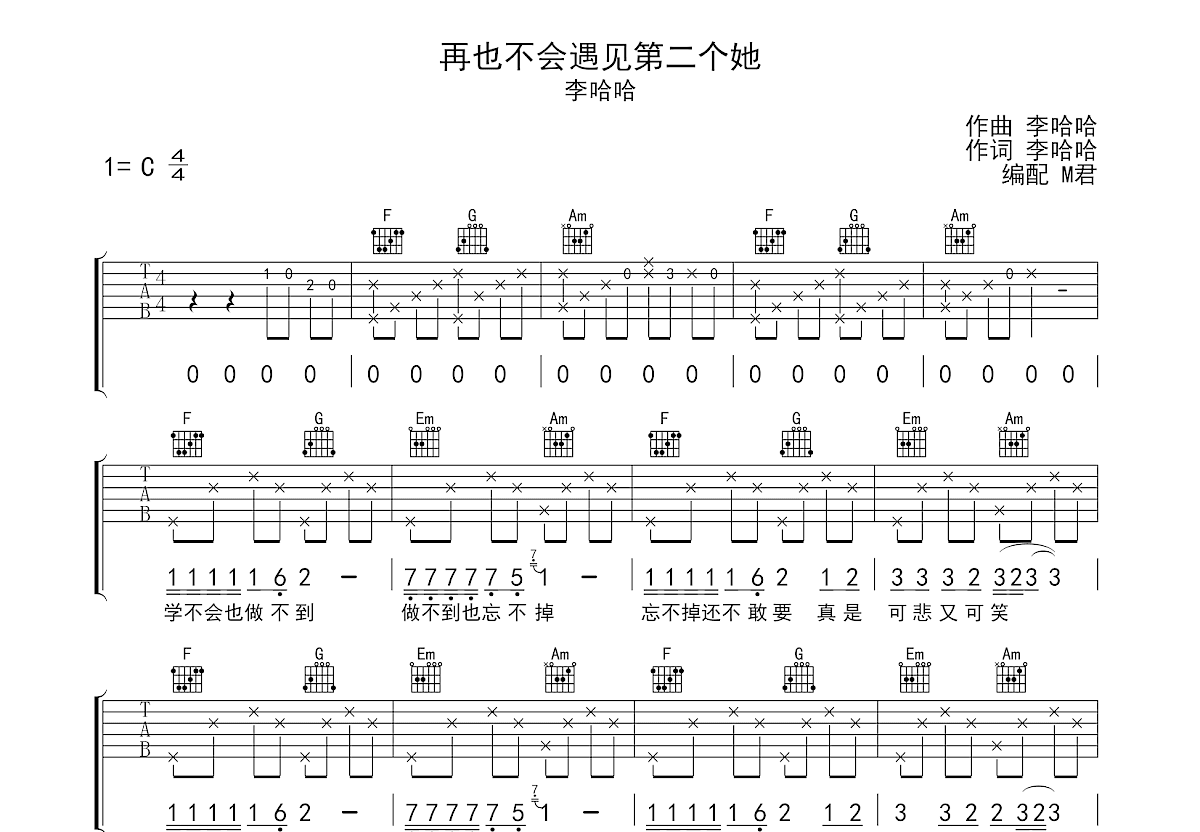 再也不会遇见第二个她吉他谱预览图