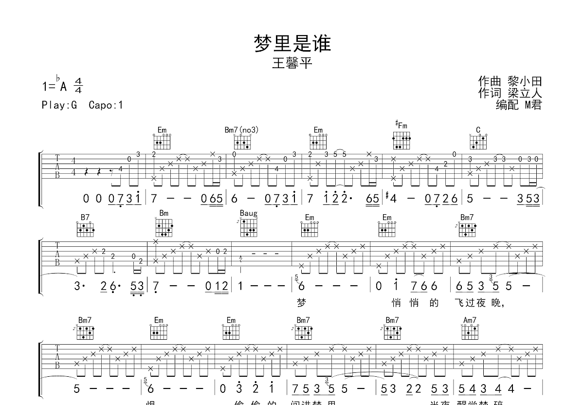 梦里是谁吉他谱预览图