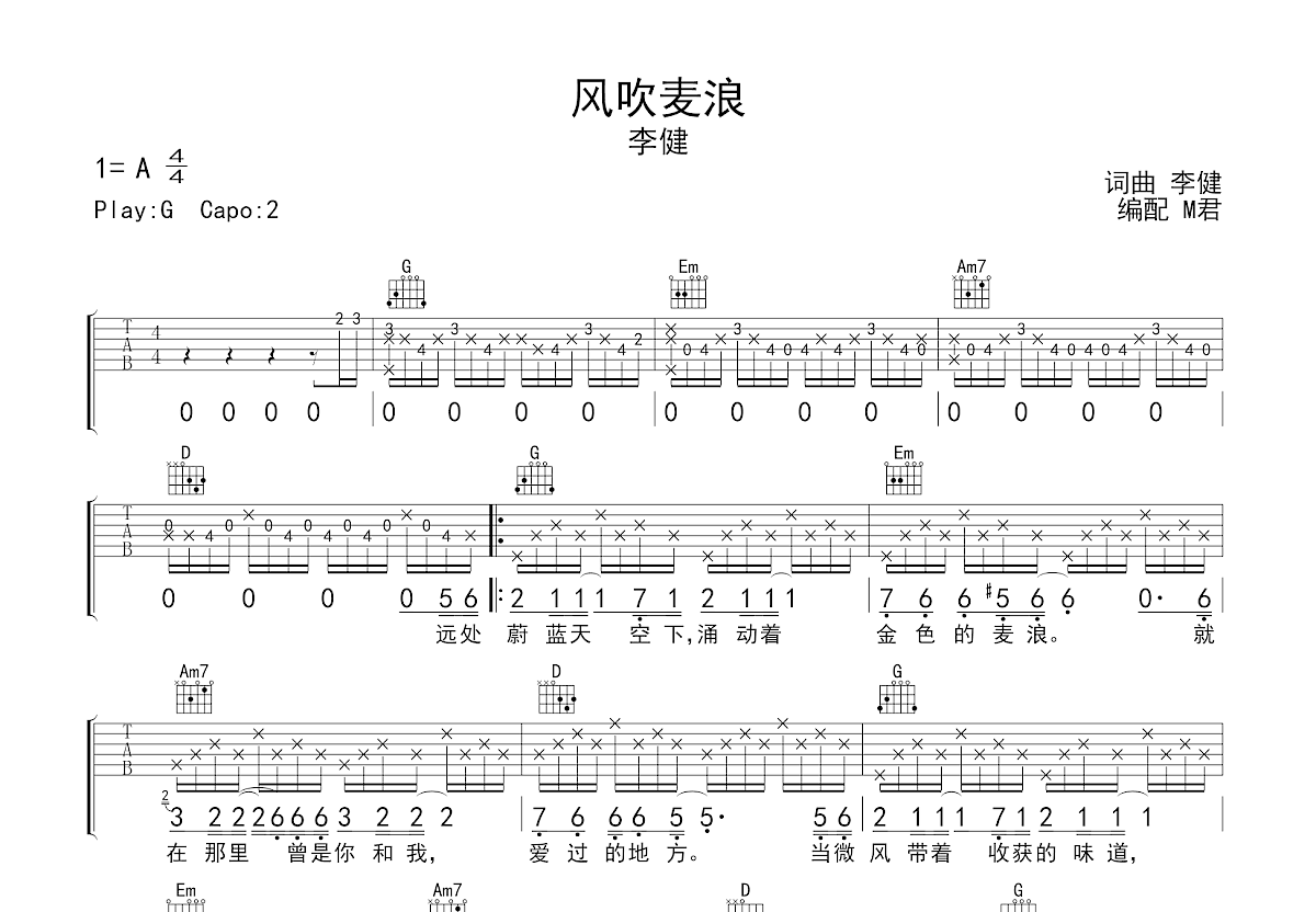 风吹麦浪吉他谱_李健_G调弹唱