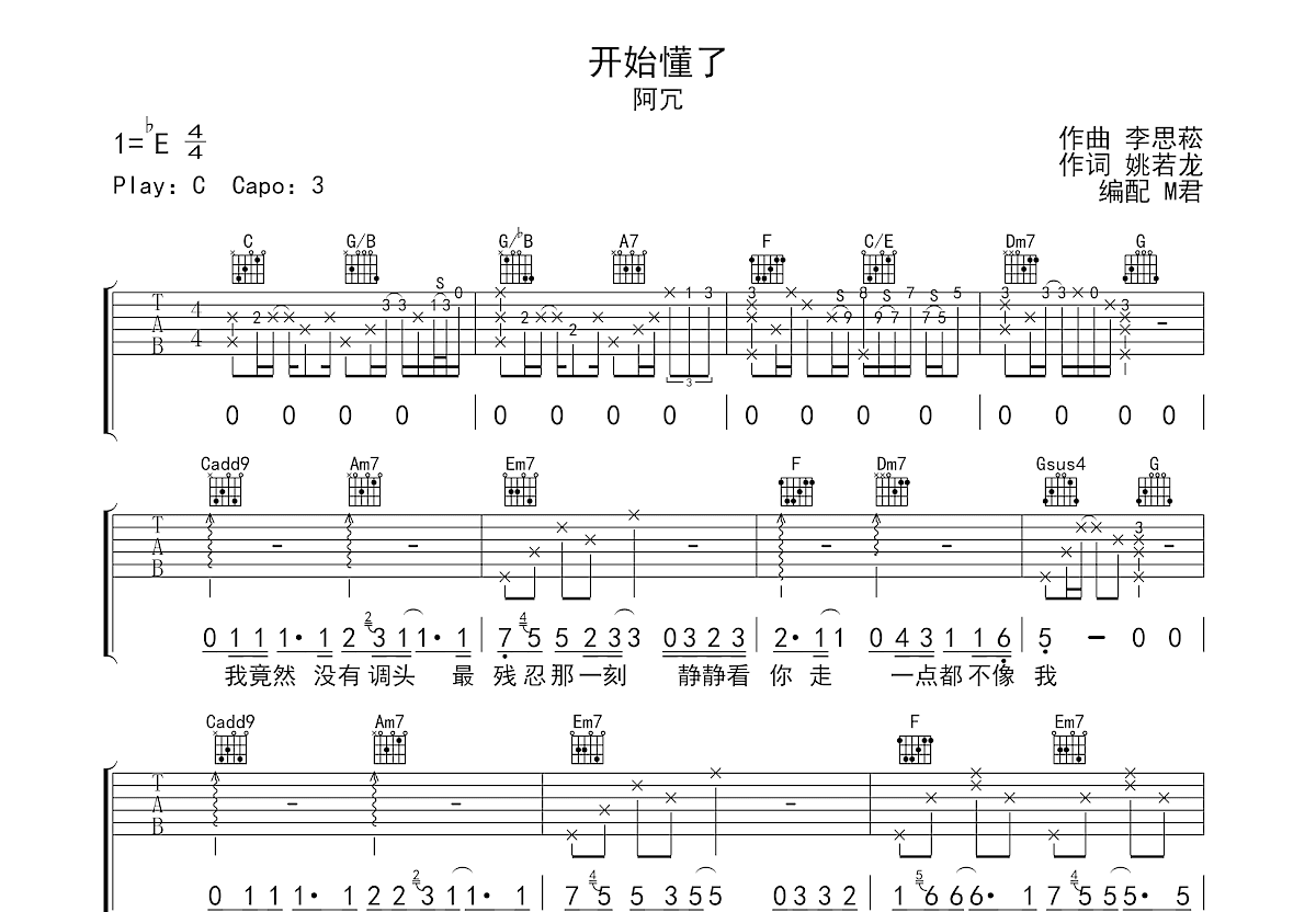 开始懂了吉他谱预览图