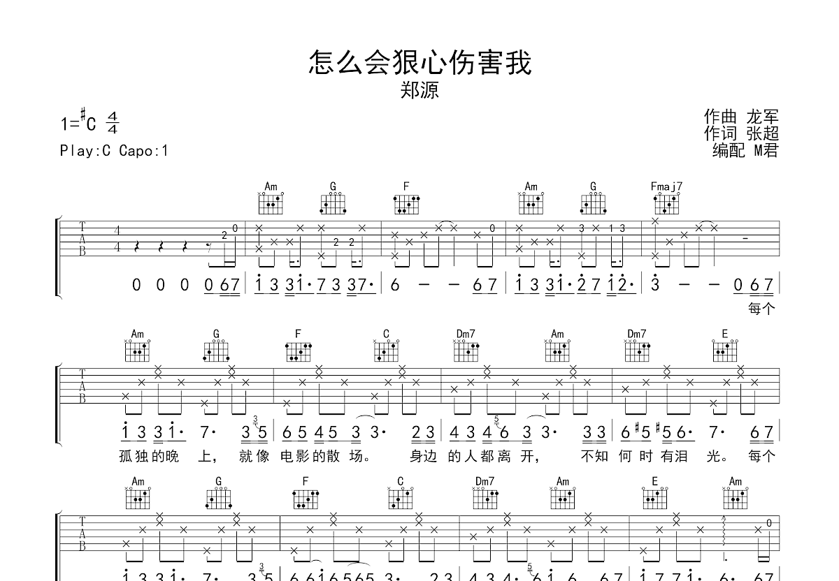 怎么会狠心伤害我吉他谱预览图