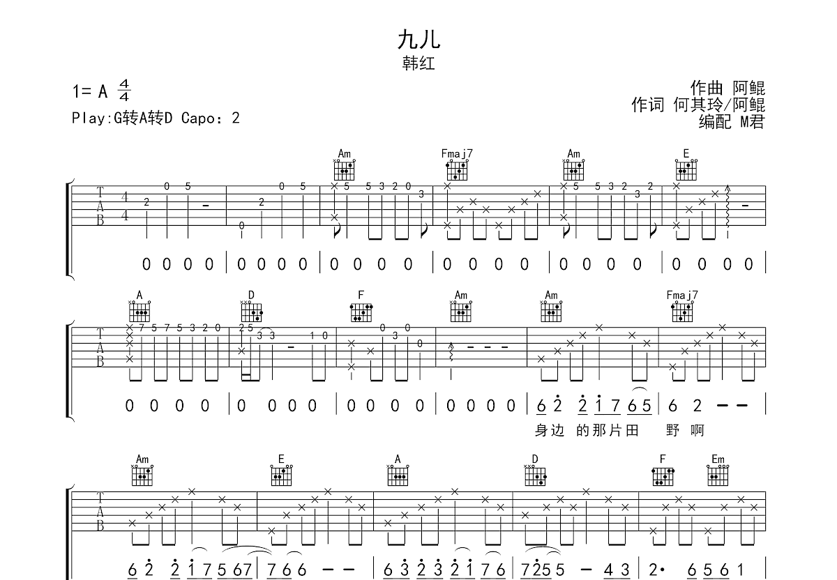 九儿吉他谱预览图