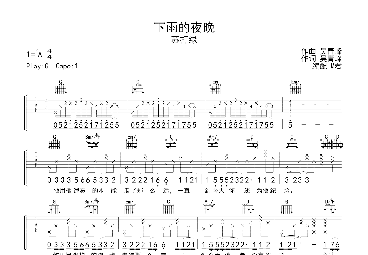 下雨的夜晚吉他谱预览图