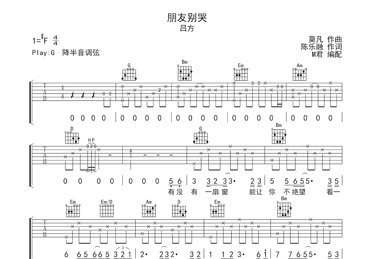 朋友别哭吉他谱预览图