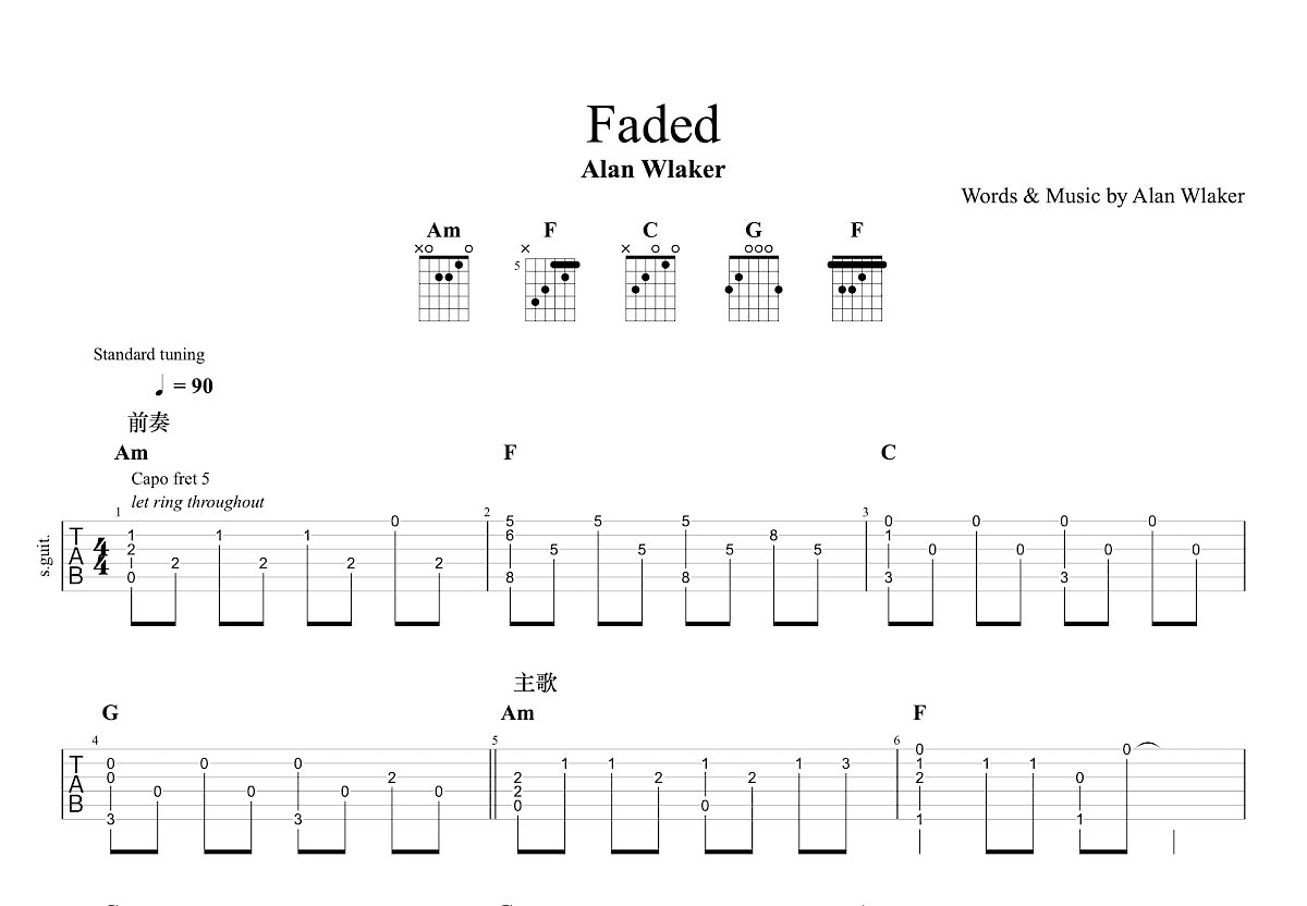 Faded吉他谱预览图