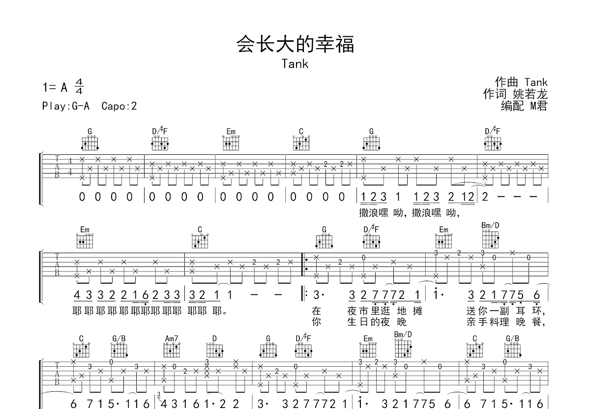 会长大的幸福吉他谱_Tank_G调弹唱