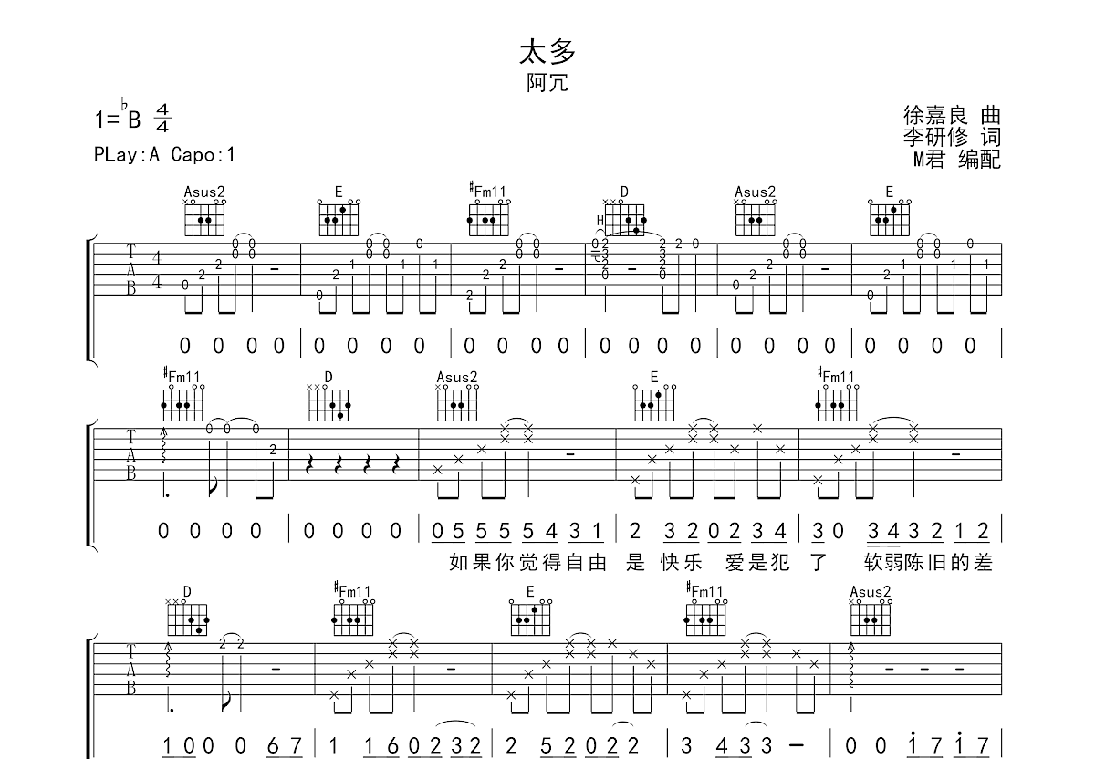 太多吉他谱预览图