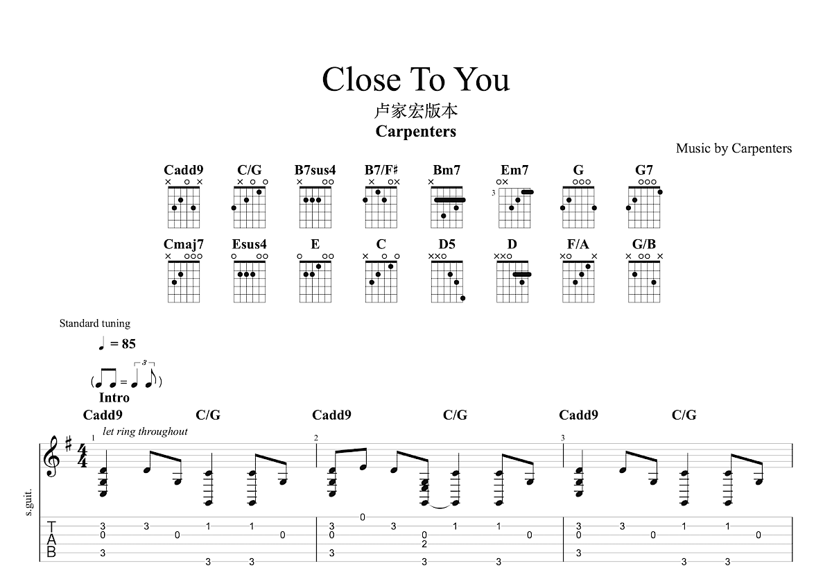 Close To You吉他谱预览图