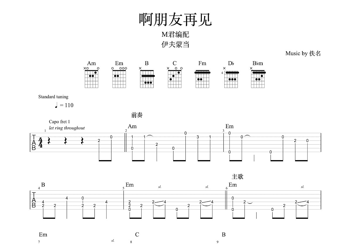 啊，朋友再见吉他谱预览图