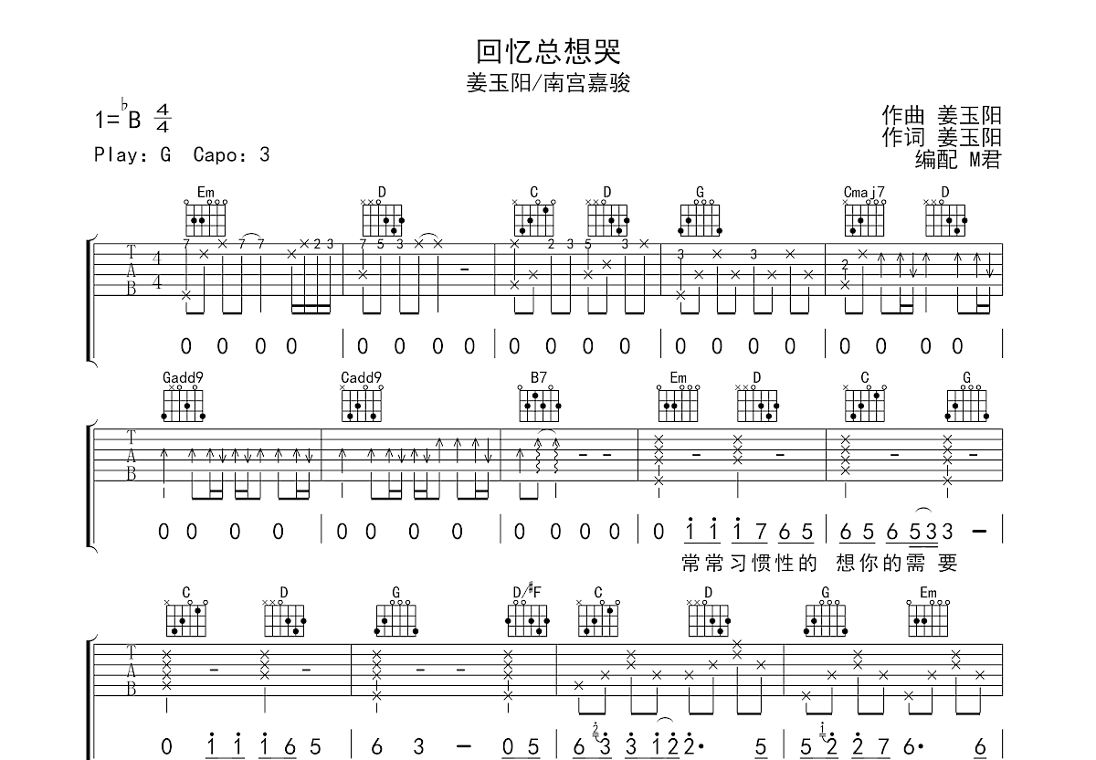 回忆总想哭吉他谱预览图