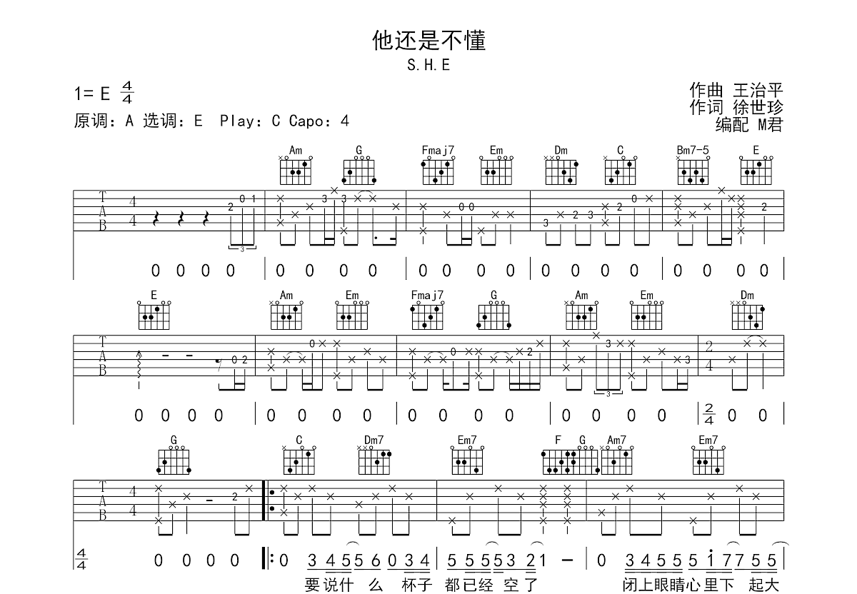 他还是不懂吉他谱预览图