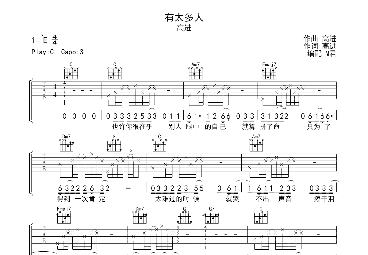 有太多人吉他谱预览图