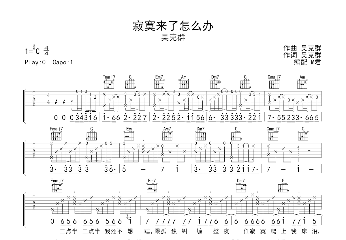 寂寞来了怎么办吉他谱预览图