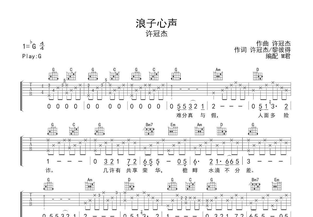 浪子心声吉他谱预览图