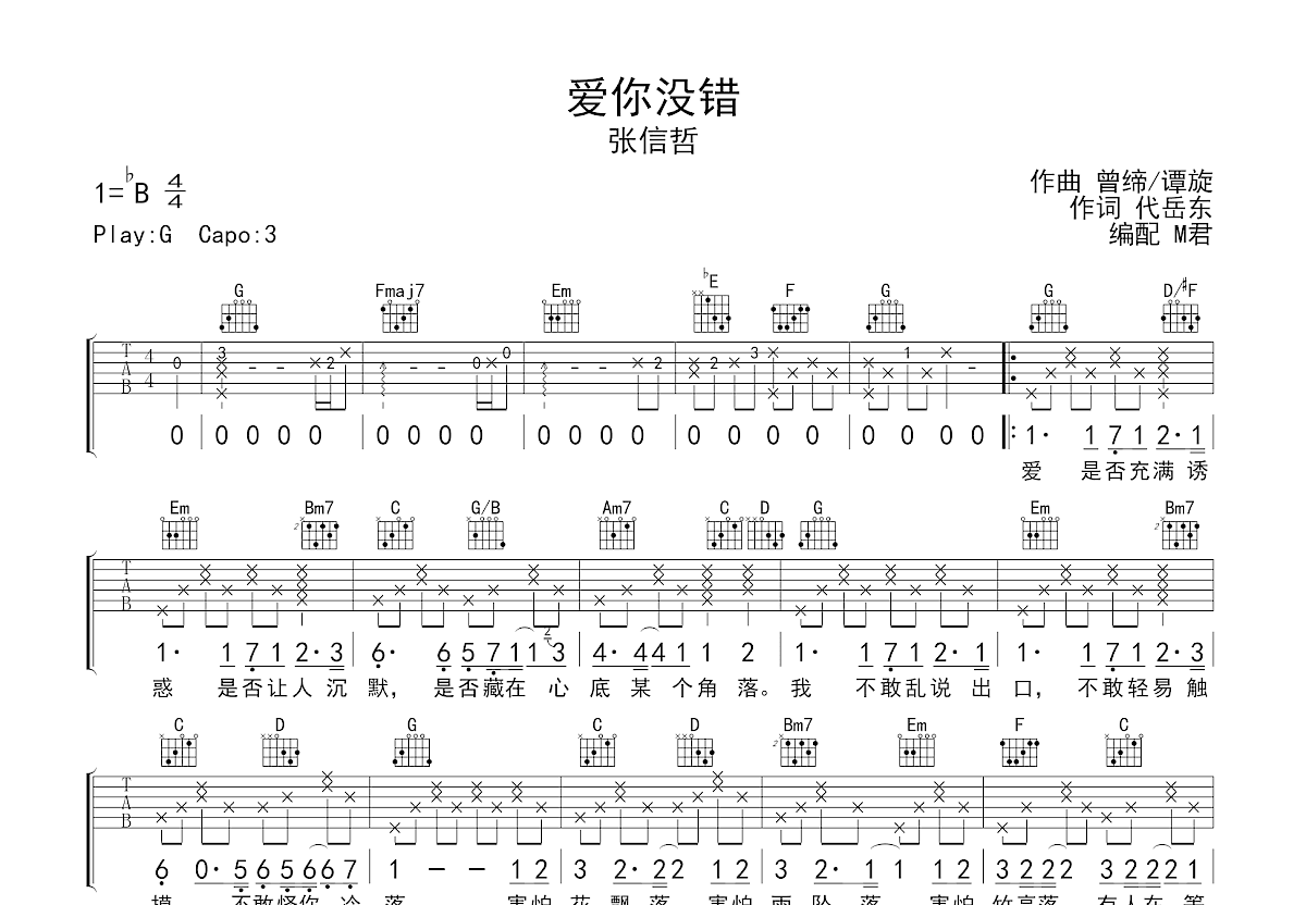 爱你没错吉他谱_张信哲_G调弹唱