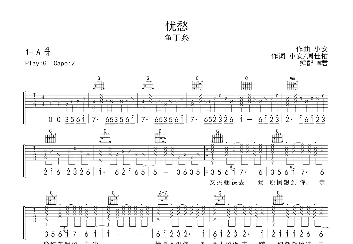 忧愁吉他谱预览图