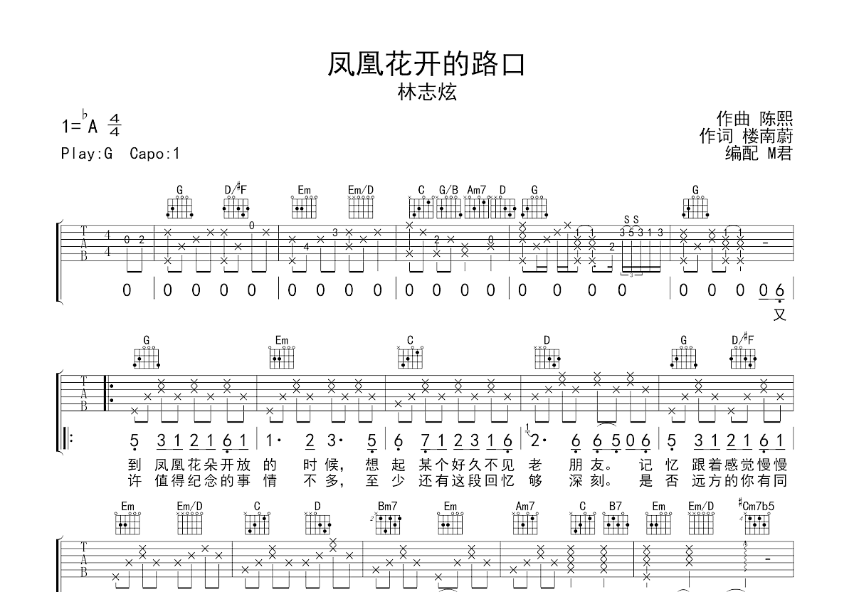 凤凰花开的路口吉他谱_林志炫_G调弹唱