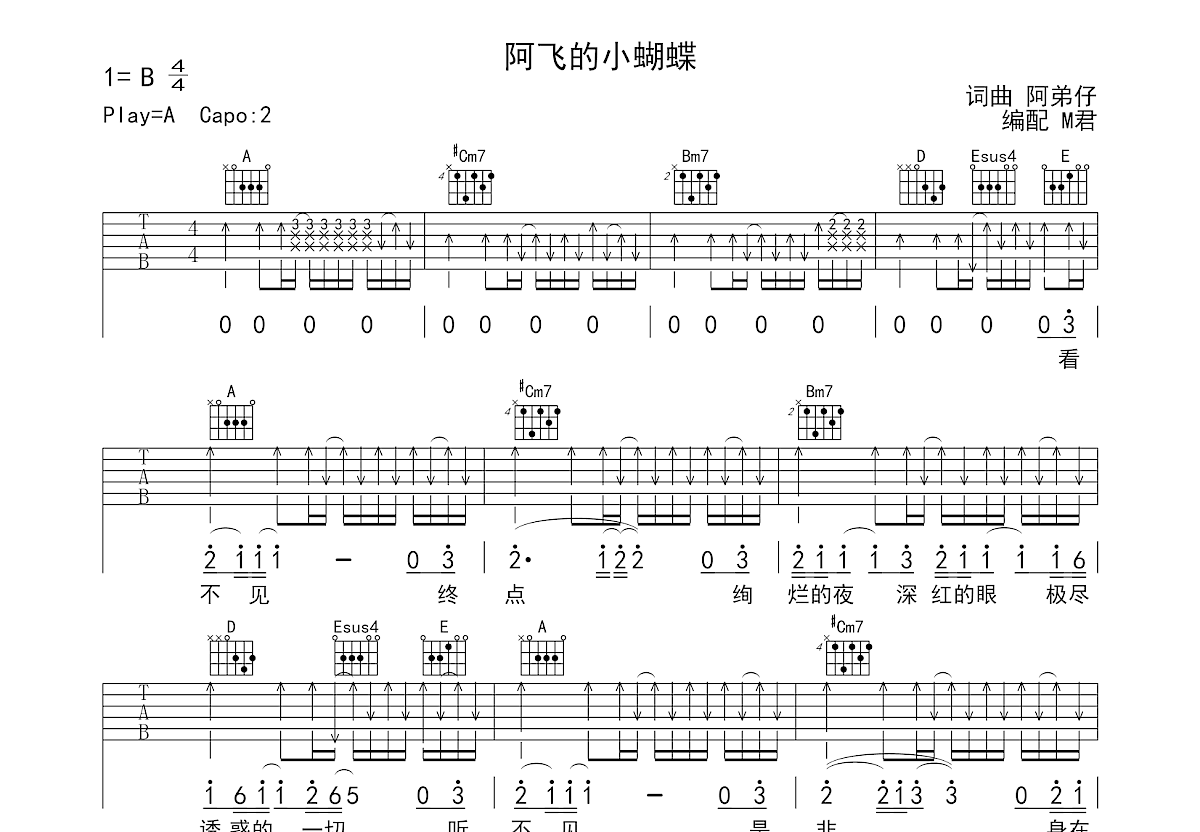 阿飞的小蝴蝶吉他谱预览图