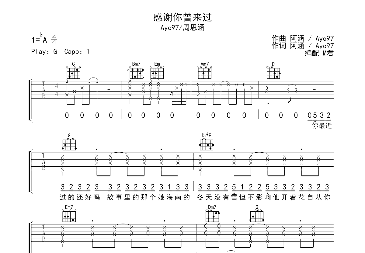 感谢你曾来过吉他谱预览图