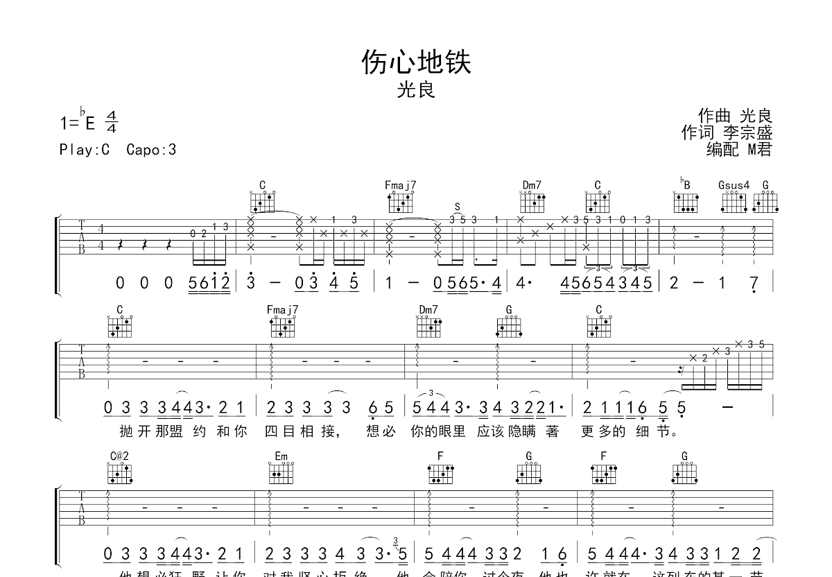 伤心地铁吉他谱预览图