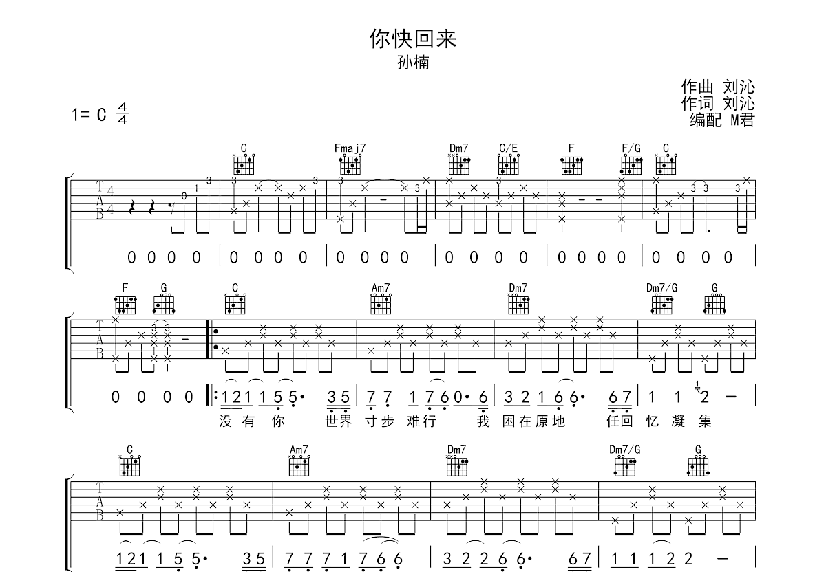 你快回来吉他谱预览图