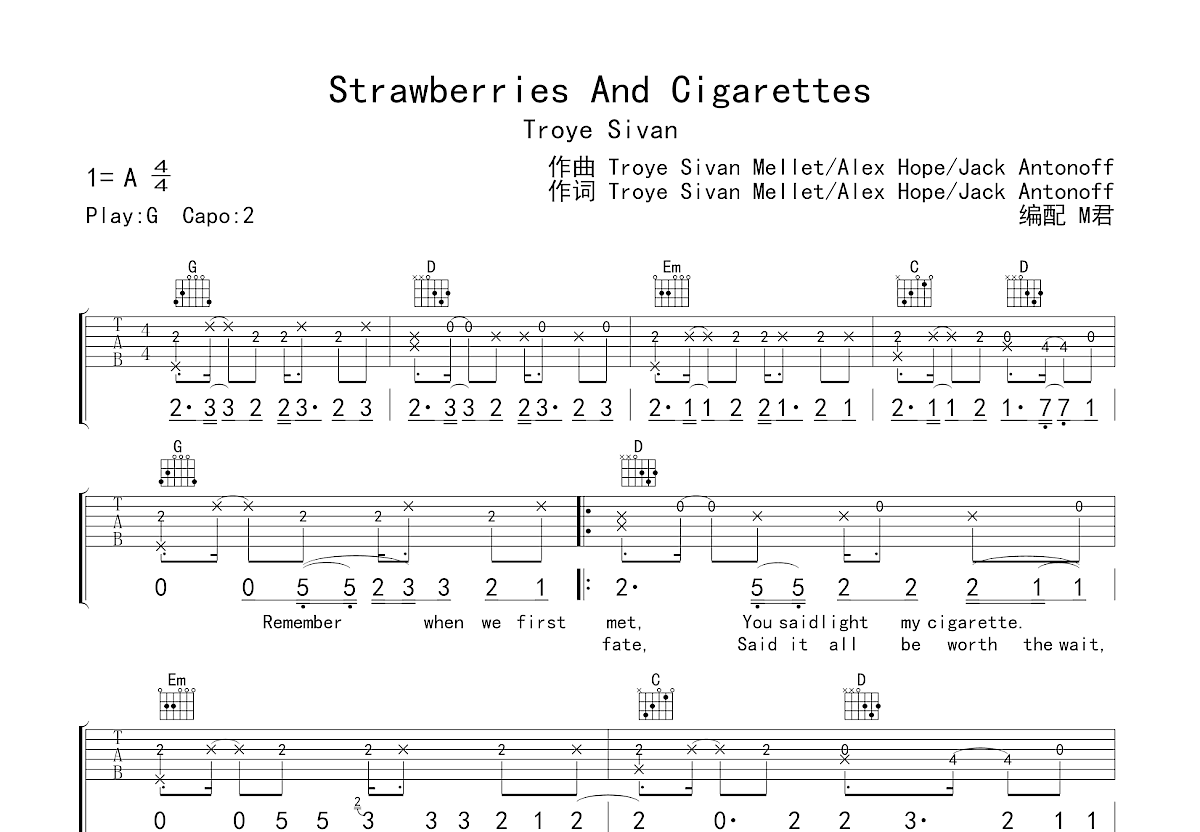 Strawberries & Cigarettes吉他谱预览图