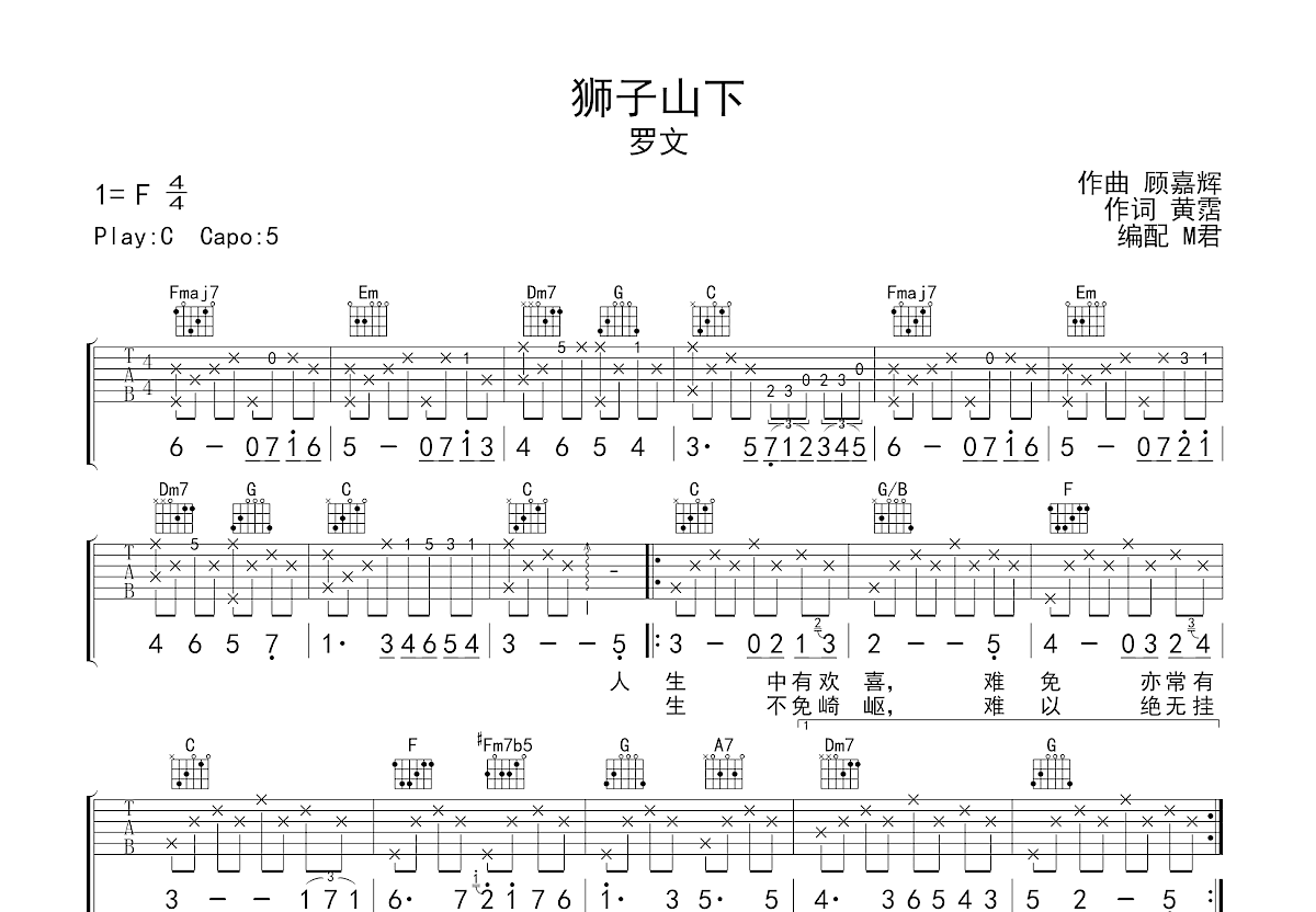 狮子山下吉他谱预览图