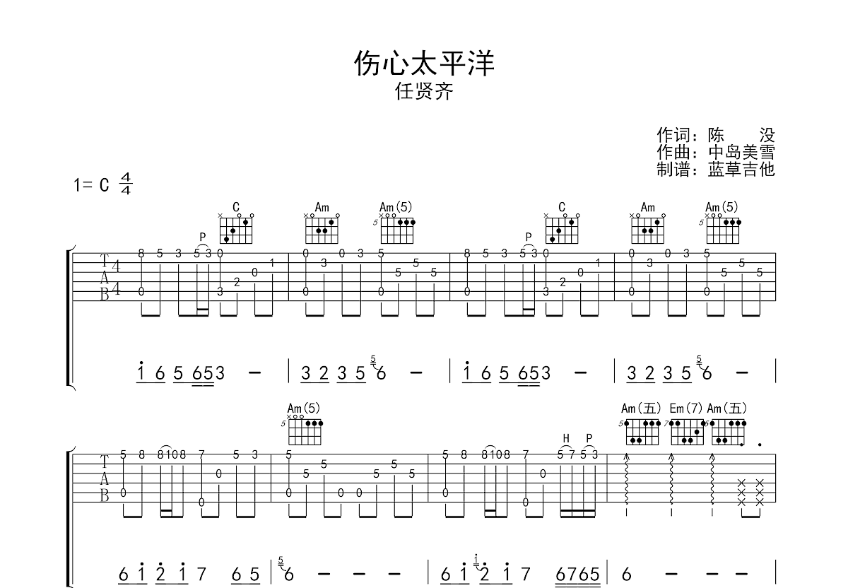 伤心太平洋吉他谱预览图